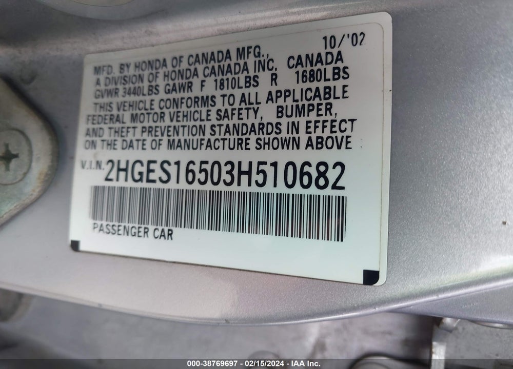 2003 HONDA CIVIC LX VIN: 2HGES16503H510682