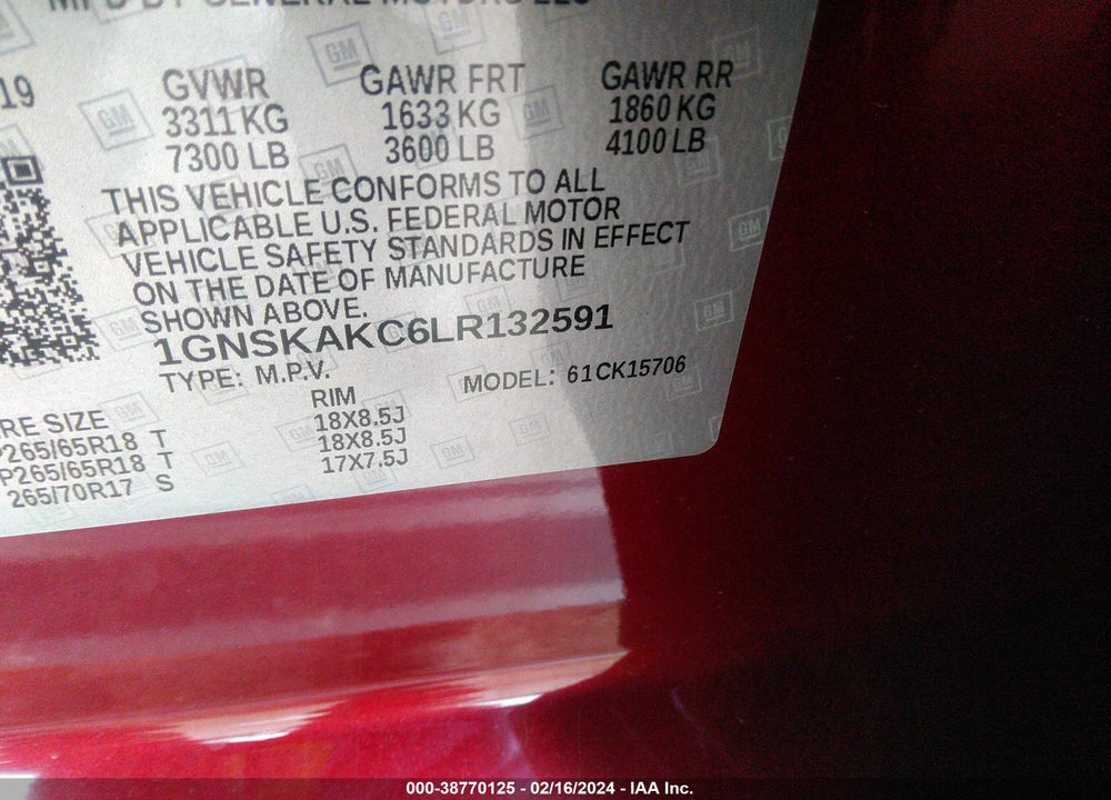 2020 CHEVROLET TAHOE 4WD LS VIN: 1GNSKAKC6LR132591