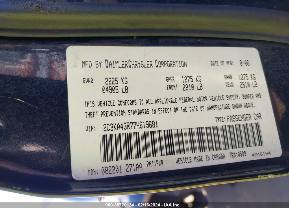 2007 CHRYSLER 300 VIN: 2C3KA43R77H619681