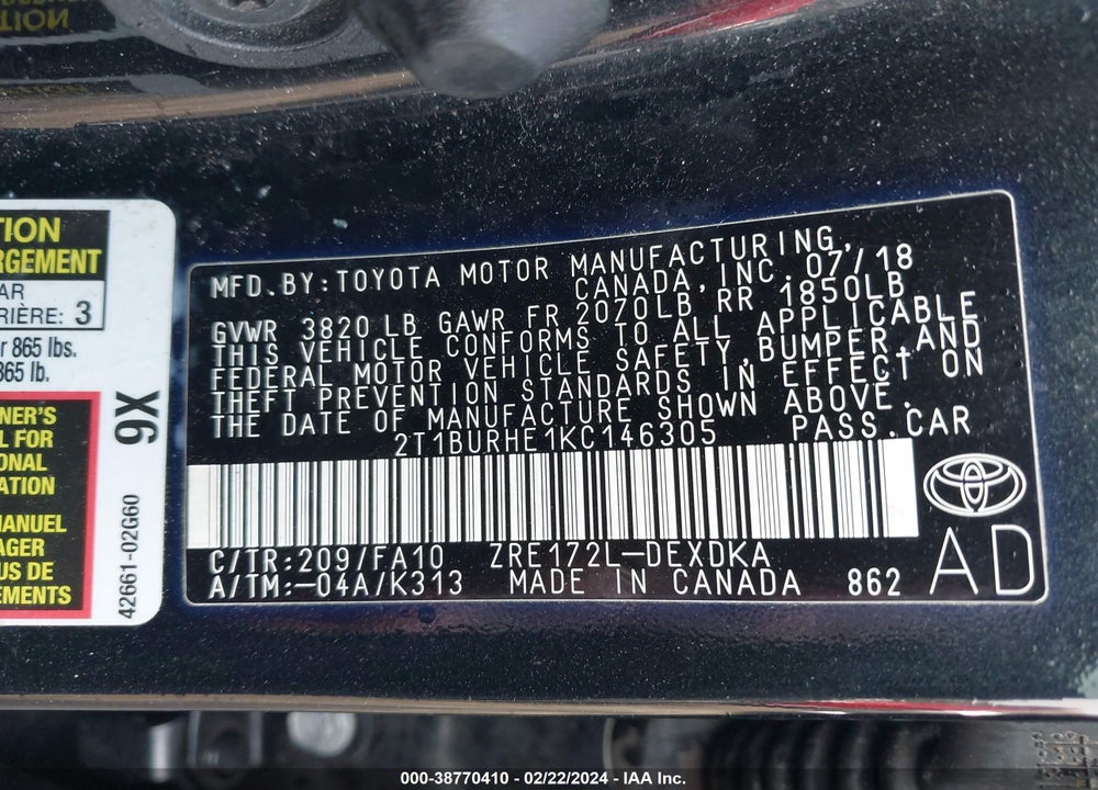 2019 TOYOTA COROLLA VIN: 2T1BURHE1KC146305