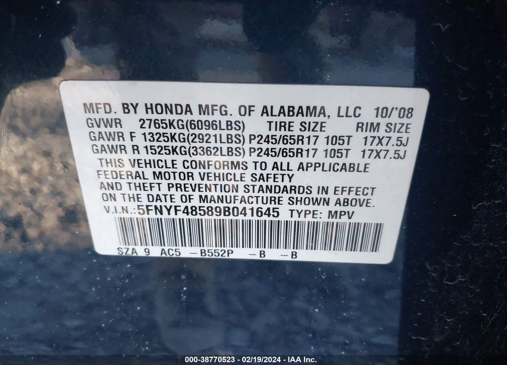 2009 HONDA PILOT EX-L VIN: 5FNYF48589B041645