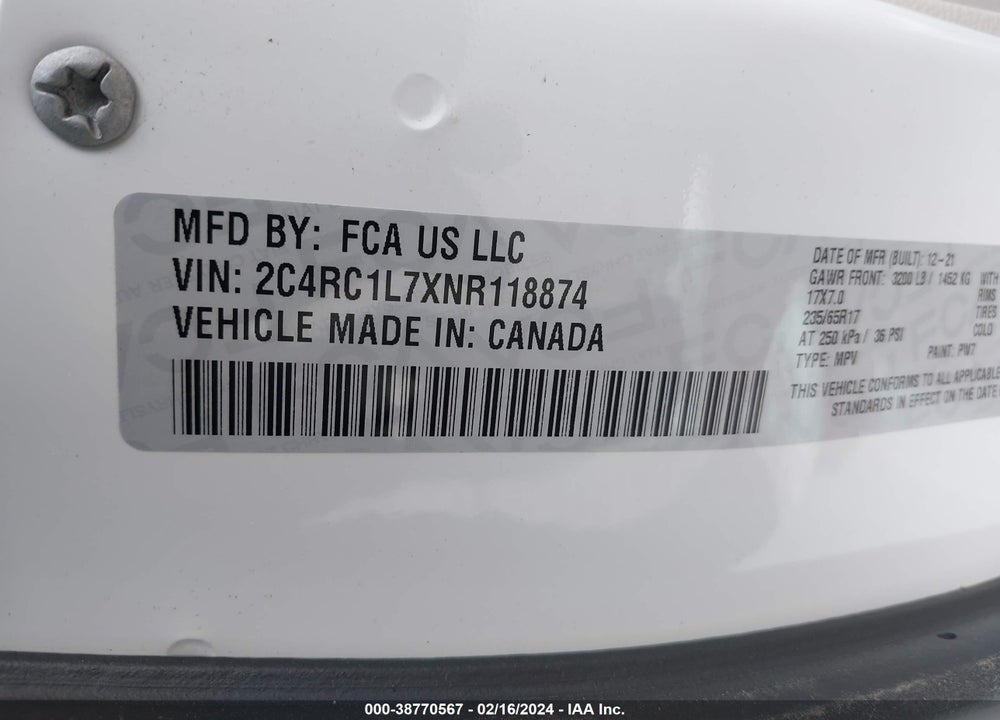2022 CHRYSLER PACIFICA HYBRID TOURING L VIN: 2C4RC1L7XNR118874