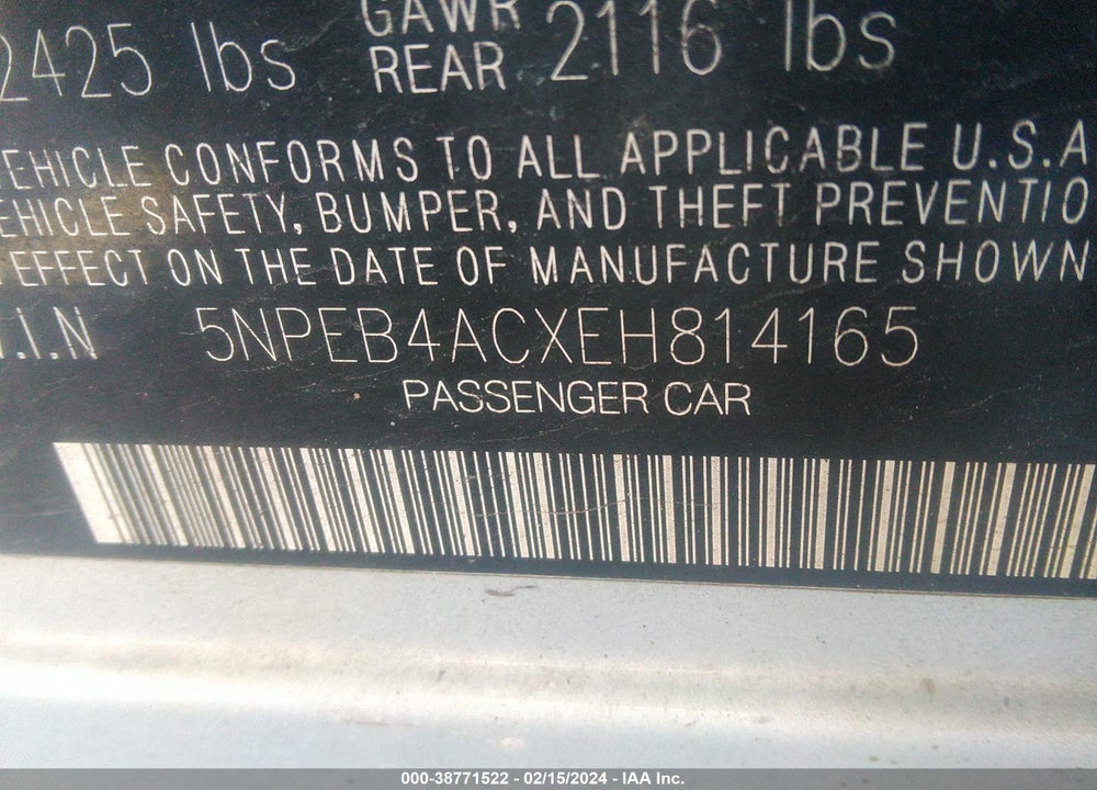 2014 HYUNDAI SONATA GLS VIN: 5NPEB4ACXEH814165