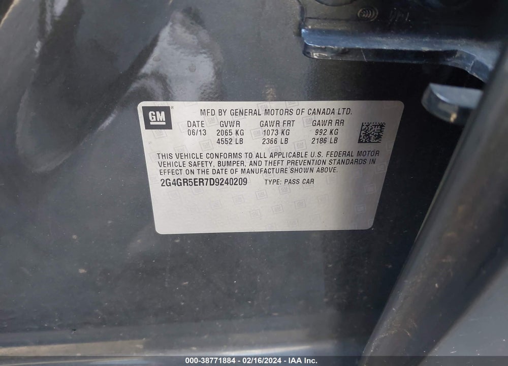 2013 BUICK REGAL VIN: 2G4GR5ER7D9240209