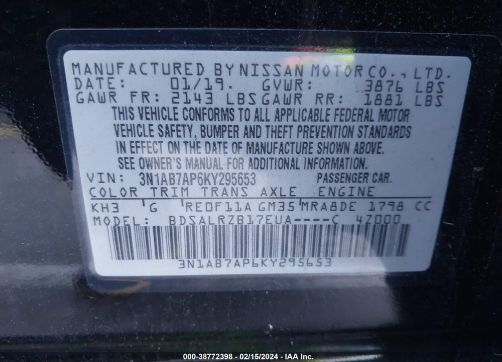 2019 NISSAN SENTRA SR VIN: 3N1AB7AP6KY295653