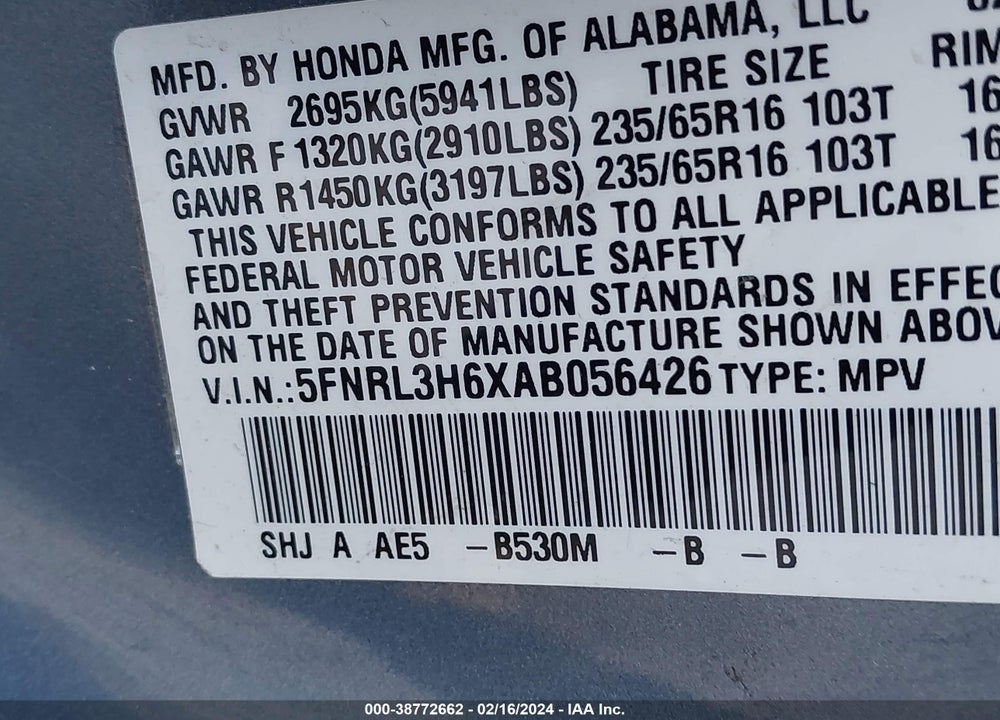2010 HONDA ODYSSEY EX-L VIN: 5FNRL3H6XAB056426