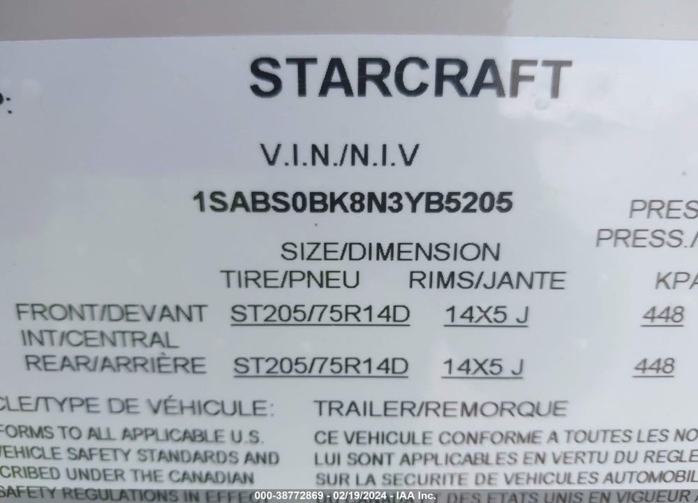 2022 STARCRAFT OTHER VIN: 1SABS0BK8N3YB5205