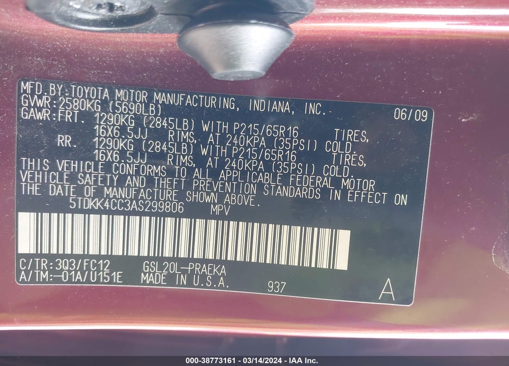 2010 TOYOTA SIENNA LE VIN: 5TDKK4CC3AS299806