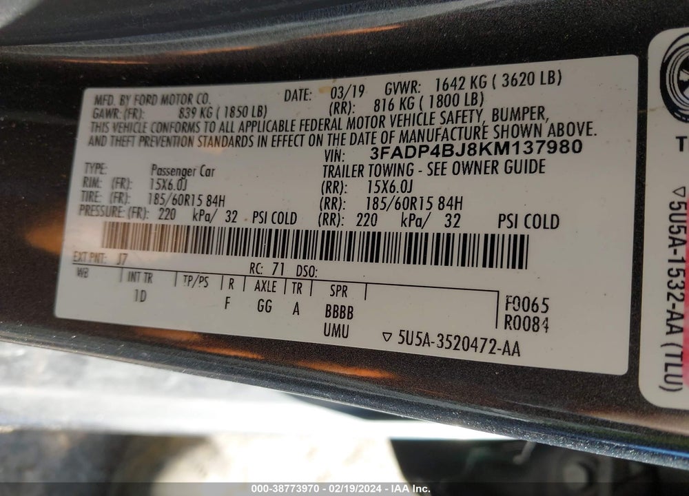 2019 FORD FIESTA SE VIN: 3FADP4BJ8KM137980