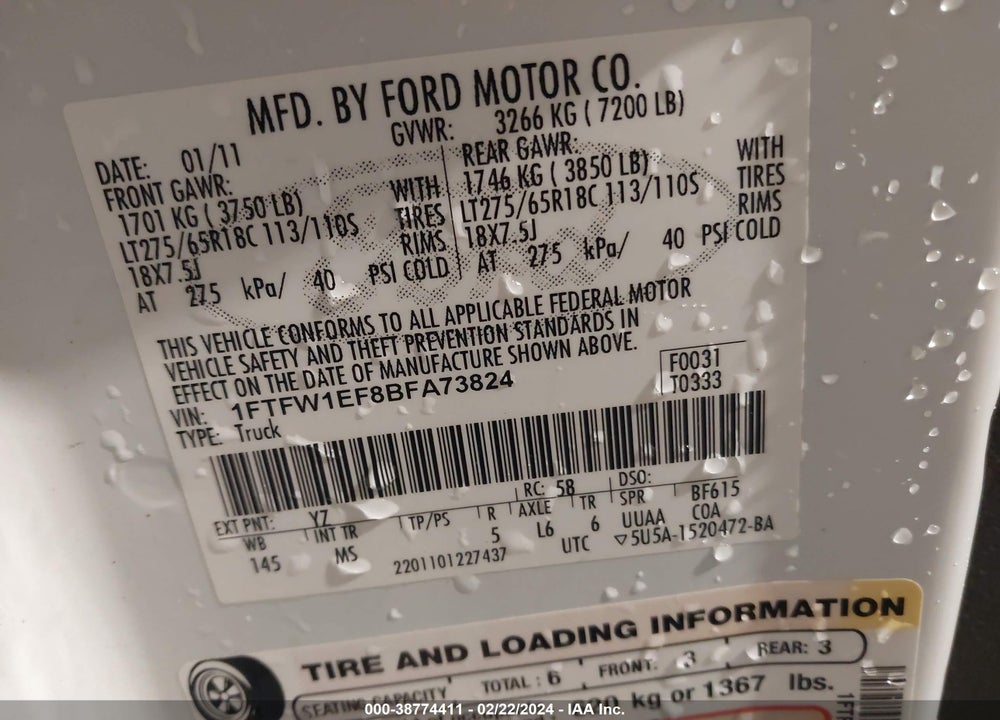 2011 FORD F-150 XLT VIN: 1FTFW1EF8BFA73824