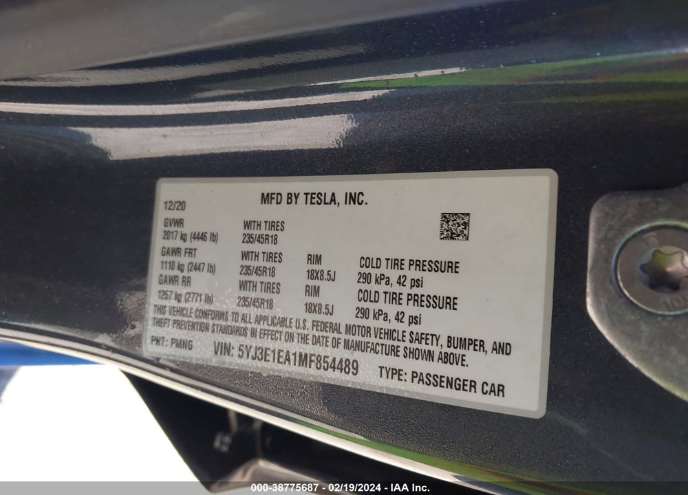 2021 TESLA MODEL 3 STANDARD RANGE PLUS REAR-WHEEL DRIVE VIN: 5YJ3E1EA1MF854489