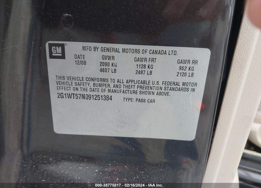 2009 CHEVROLET IMPALA LT VIN: 2G1WT57N091251384