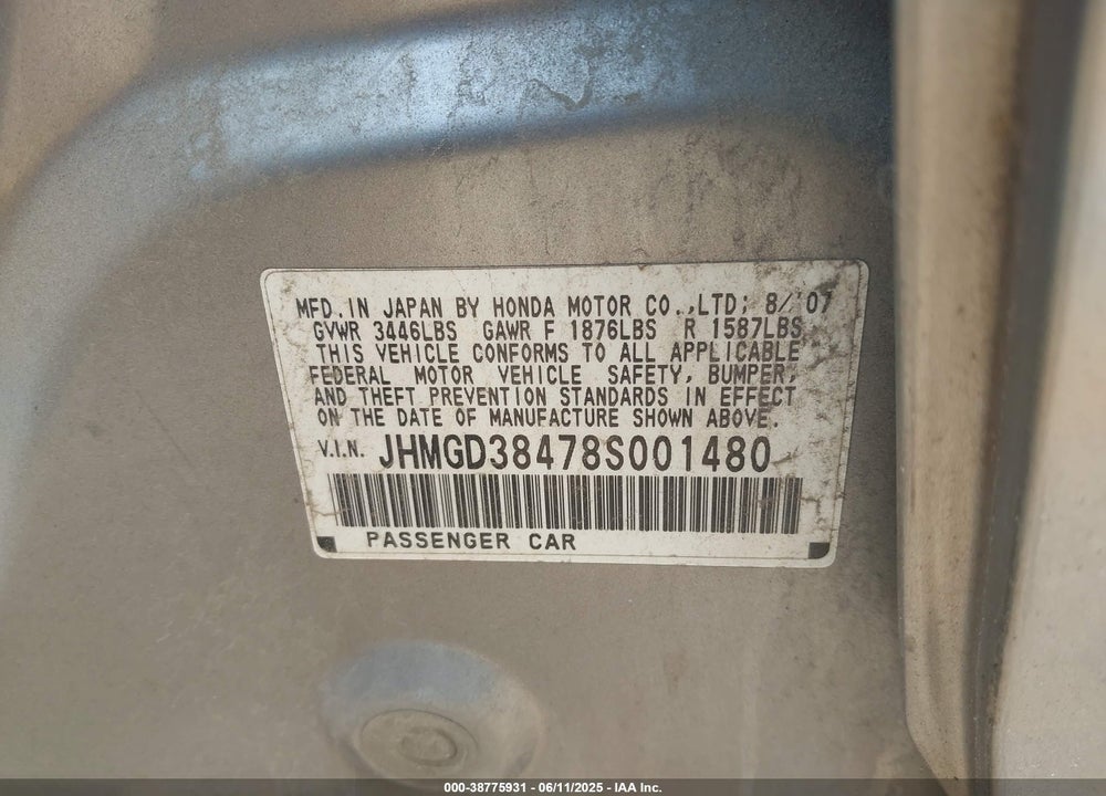 2008 HONDA FIT VIN: JHMGD38478S001480
