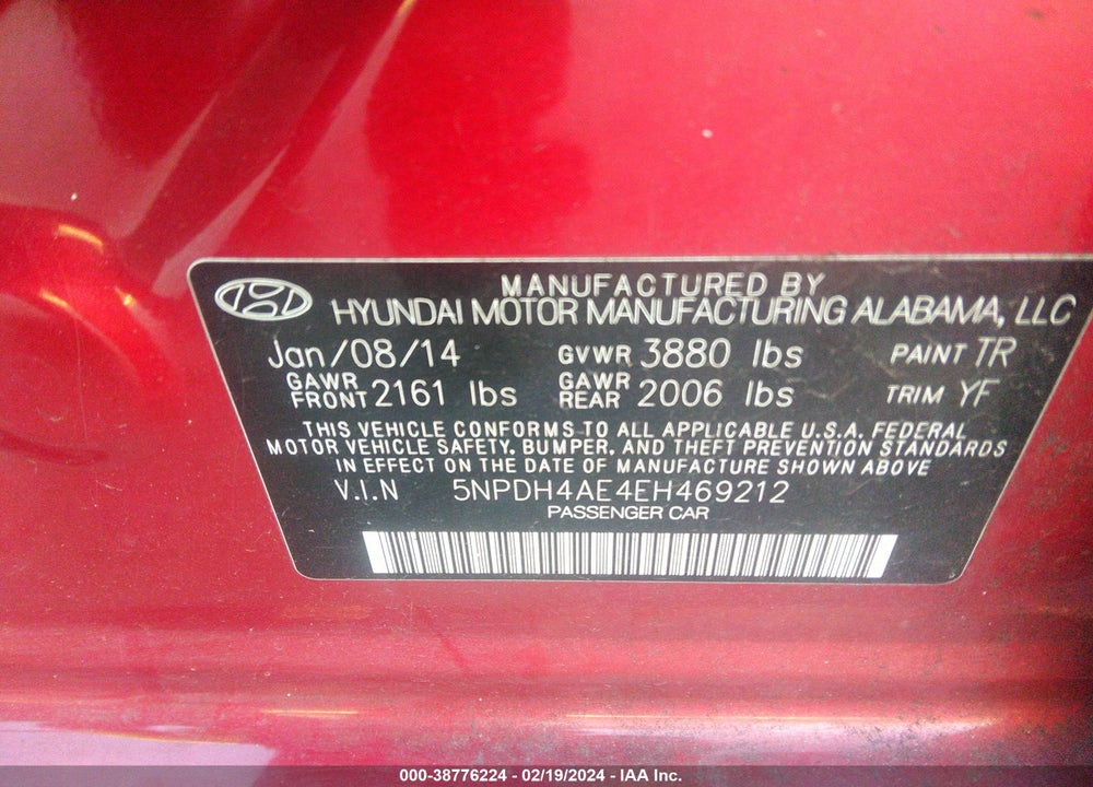 2014 HYUNDAI ELANTRA SE VIN: 5NPDH4AE4EH469212
