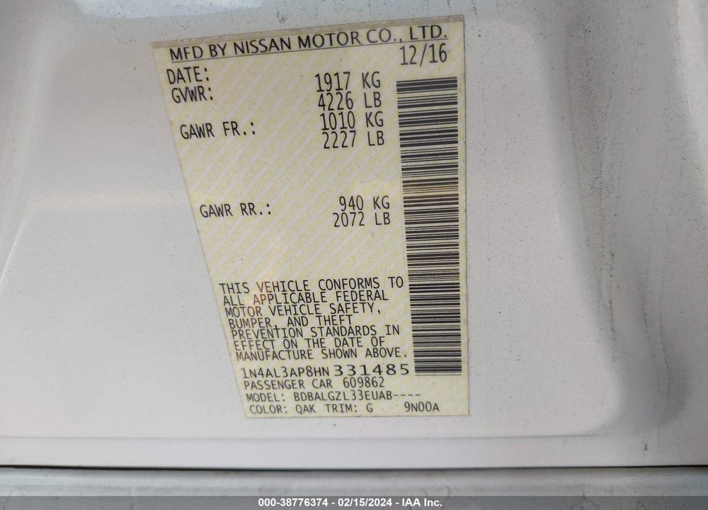 2017 NISSAN ALTIMA 2.5 S VIN: 1N4AL3AP8HN331485