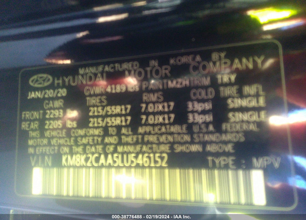 2020 HYUNDAI KONA SEL VIN: KM8K2CAA5LU546152