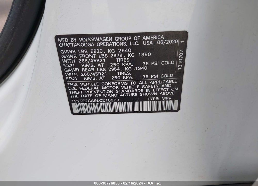 2020 VOLKSWAGEN ATLAS CROSS SPORT 3.6L V6 SEL PREMIUM R-LINE VIN: 1V2TE2CA9LC215909