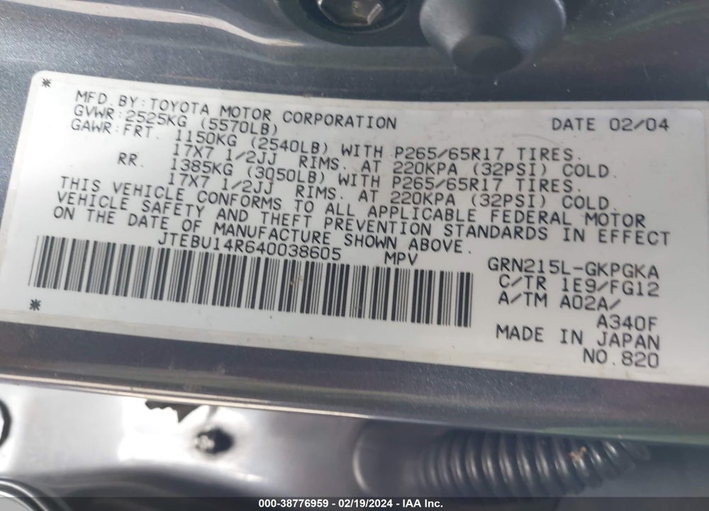 2004 TOYOTA 4RUNNER SR5 V6 VIN: JTEBU14R640038605