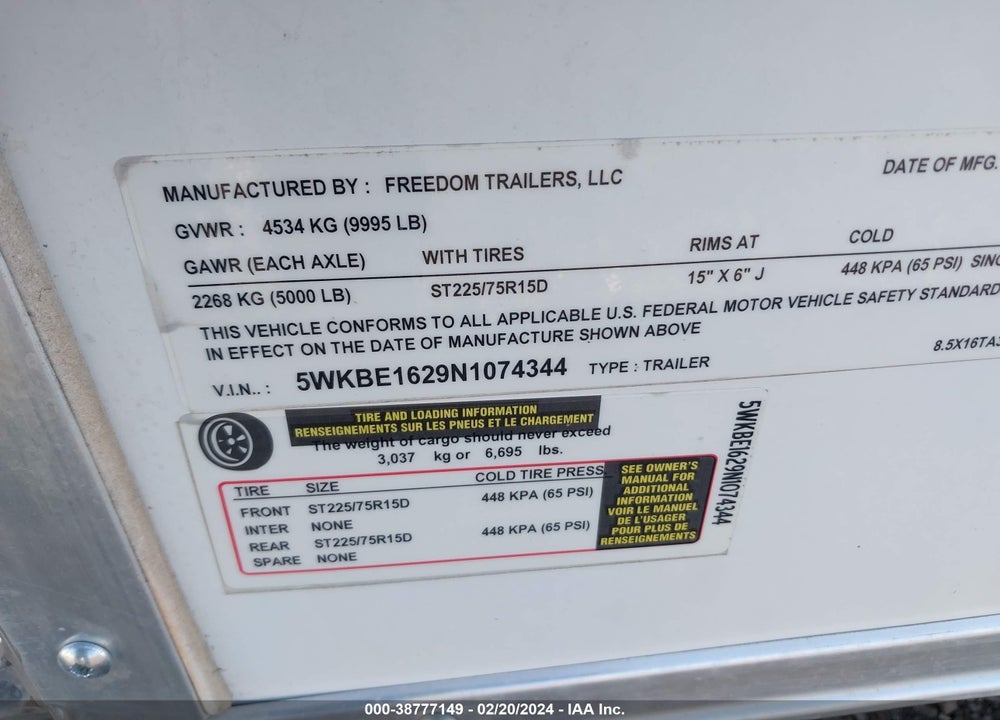 2022 FREEDOM TRAILERS, LL ENCLOSED TRAILER VIN: 5WKBE1629N1074344