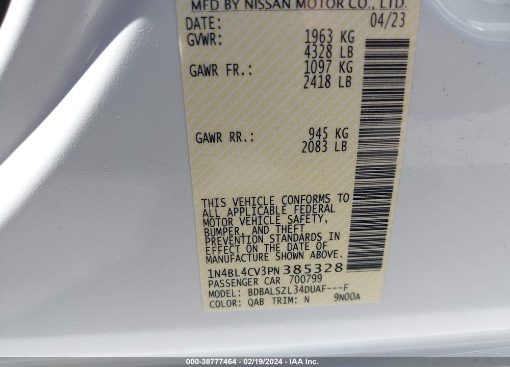 2023 NISSAN ALTIMA SR FWD VIN: 1N4BL4CV3PN385328