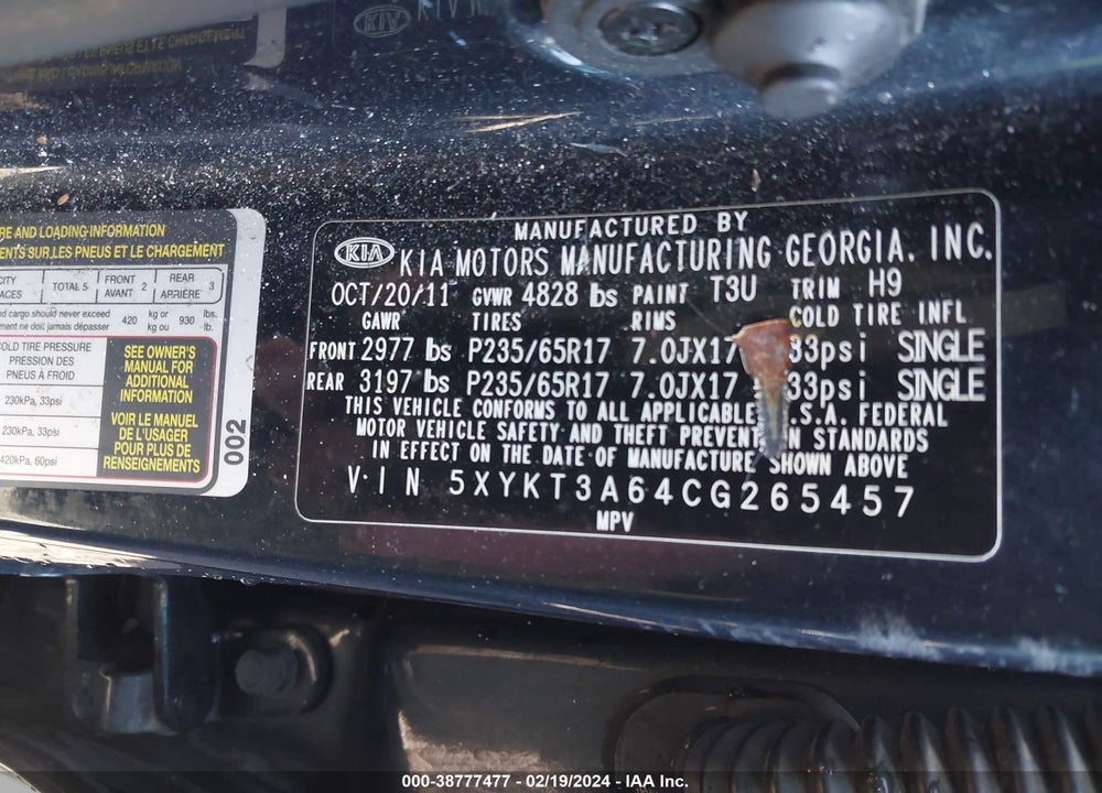 2012 KIA SORENTO LX VIN: 5XYKT3A64CG265457