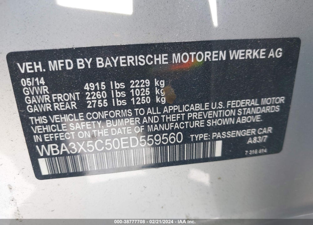 2014 BMW 328I GRAN TURISMO XDRIVE VIN: WBA3X5C50ED559560
