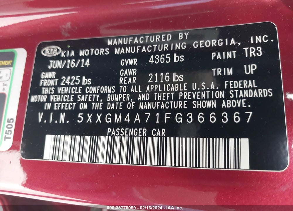 2015 KIA OPTIMA LX VIN: 5XXGM4A71FG366367