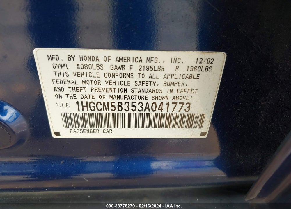 2003 HONDA ACCORD 2.4 LX VIN: 1HGCM56353A041773