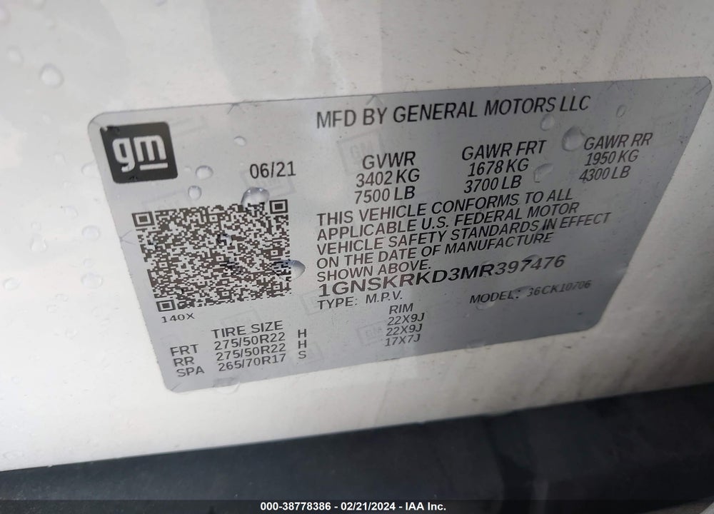 2021 CHEVROLET TAHOE 4WD RST VIN: 1GNSKRKD3MR397476
