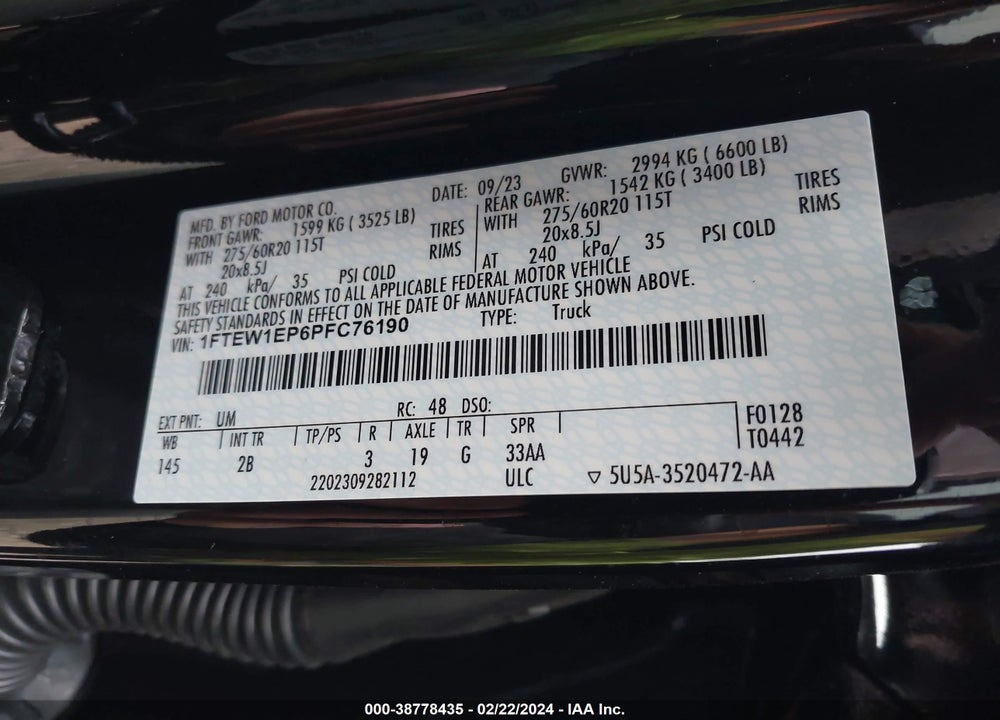 2023 FORD F-150 LARIAT VIN: 1FTEW1EP6PFC76190