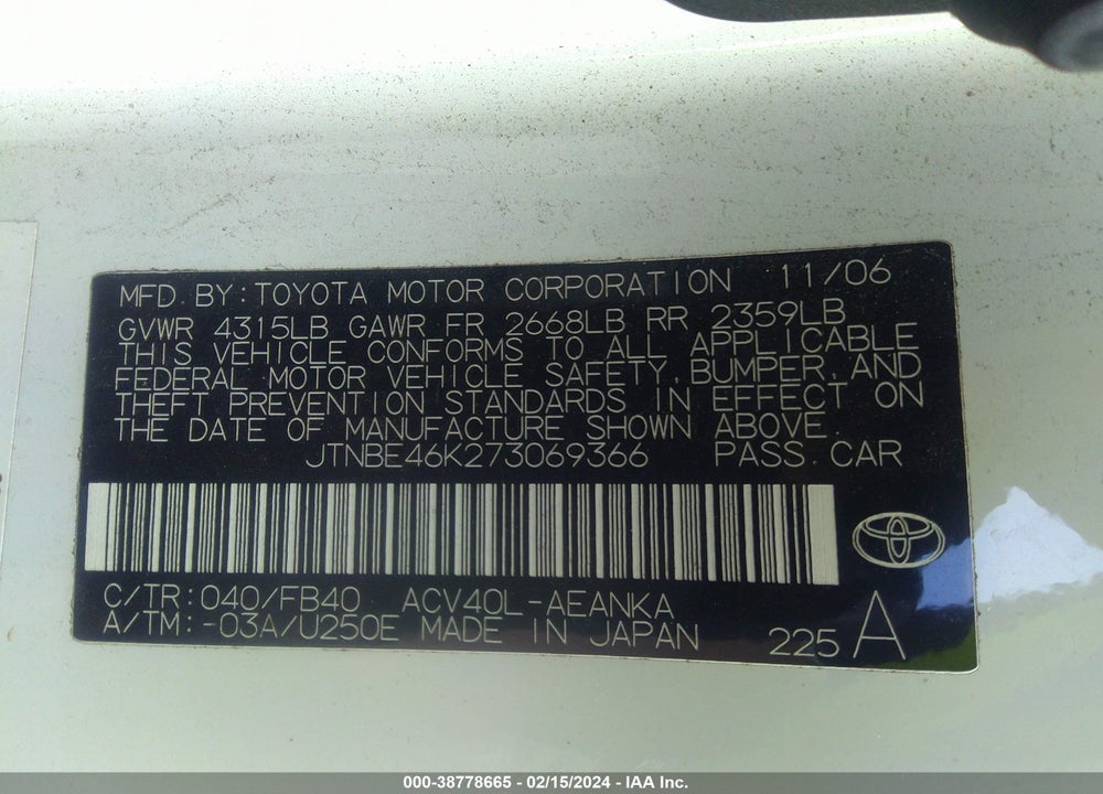 2007 TOYOTA CAMRY CE VIN: JTNBE46K273069366