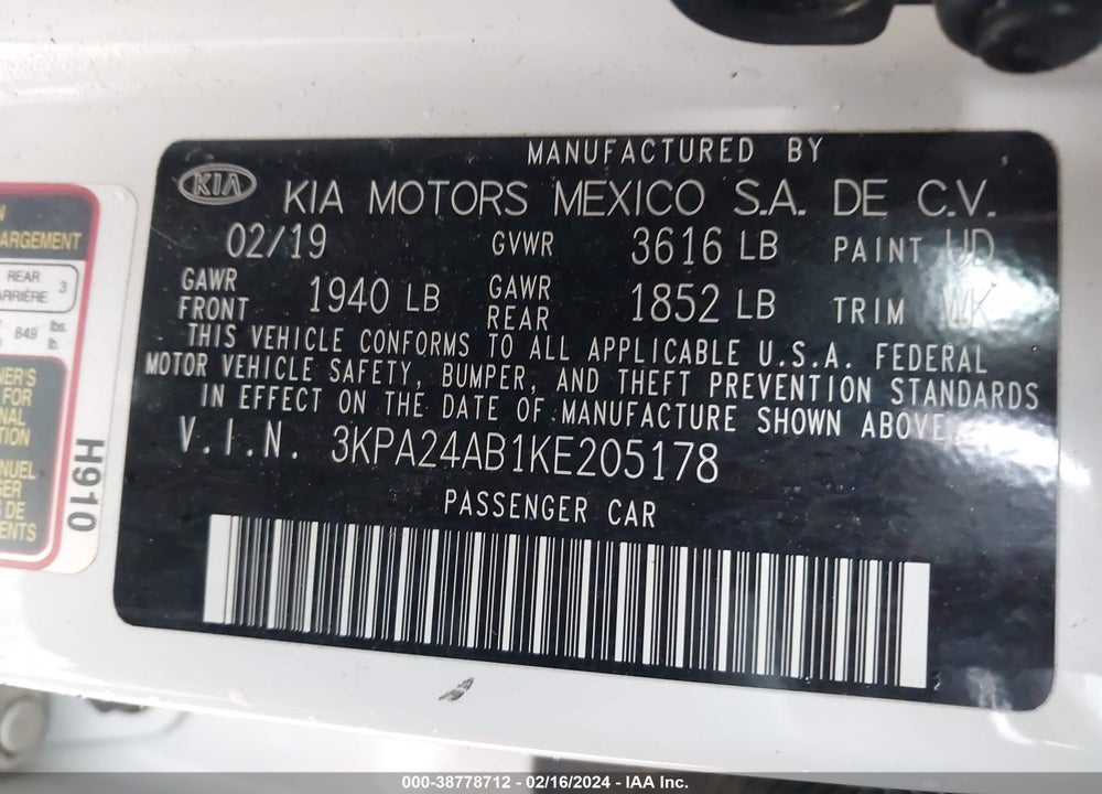 2019 KIA RIO S VIN: 3KPA24AB1KE205178