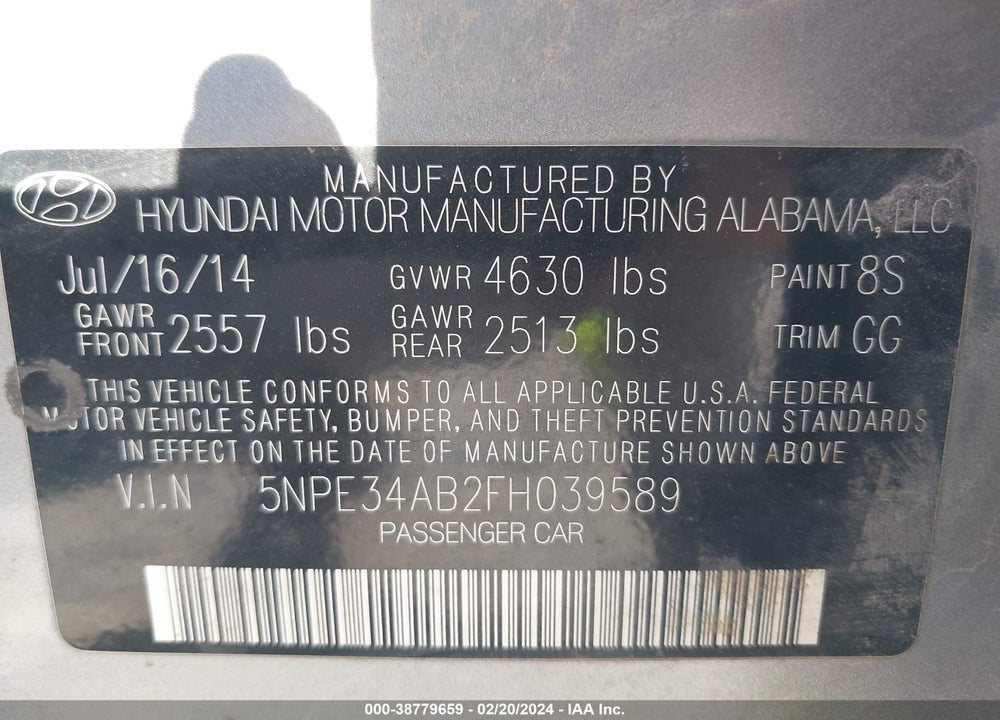 2015 HYUNDAI SONATA SPORT 2.0T VIN: 5NPE34AB2FH039589