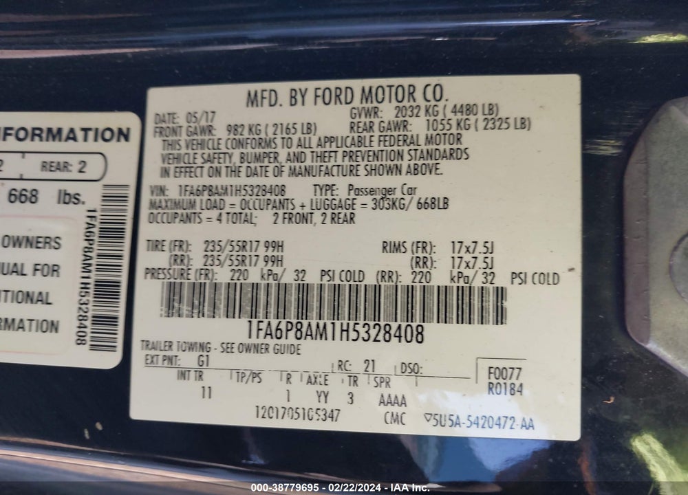 2017 FORD MUSTANG V6 VIN: 1FA6P8AM1H5328408