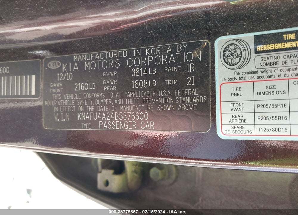2011 KIA FORTE VIN: KNAFU4A24B5376600