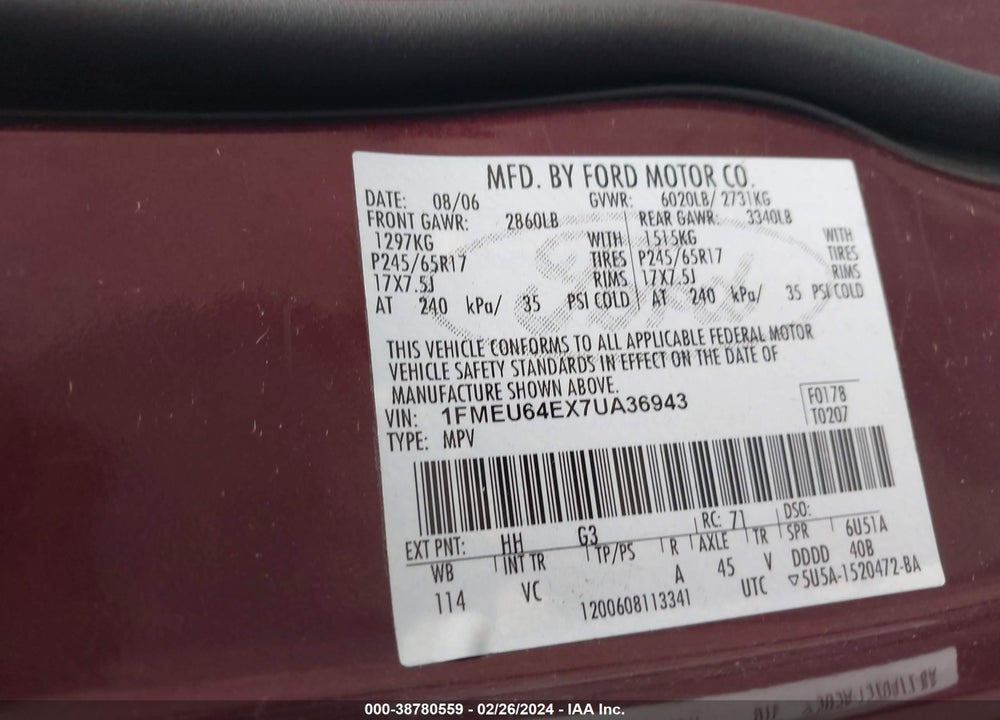 2007 FORD EXPLORER EDDIE BAUER VIN: 1FMEU64EX7UA36943