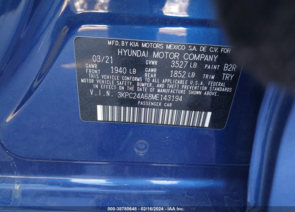 2021 HYUNDAI ACCENT SE VIN: 3KPC24A68ME143194