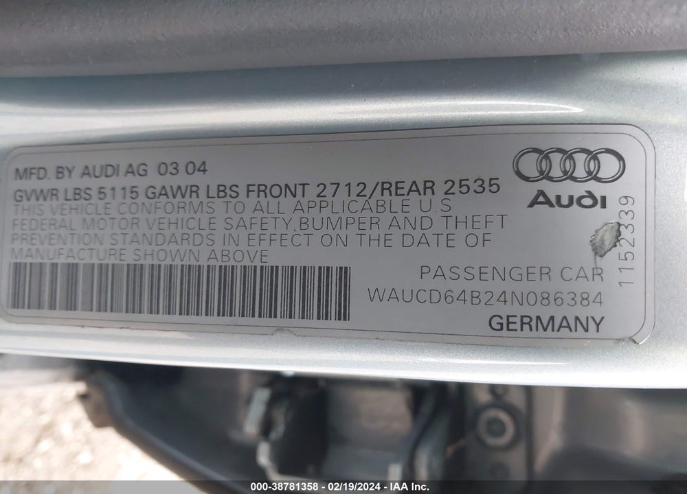 2004 AUDI A6 2.7T S-LINE VIN: WAUCD64B24N086384