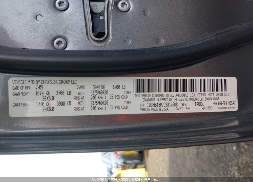 2009 DODGE RAM 1500 SLT/SPORT/TRX VIN: 1D3HB18P79S817608