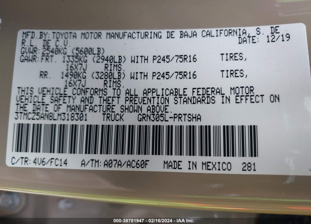 2020 TOYOTA TACOMA SR5 V6 VIN: 3TMCZ5AN8LM318301