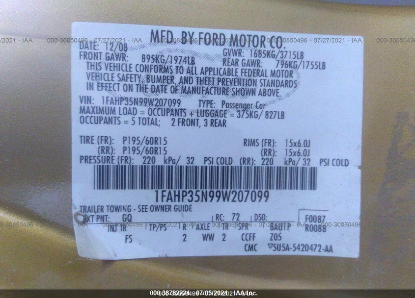 2009 FORD FOCUS SE VIN: 1FAHP35N99W207099