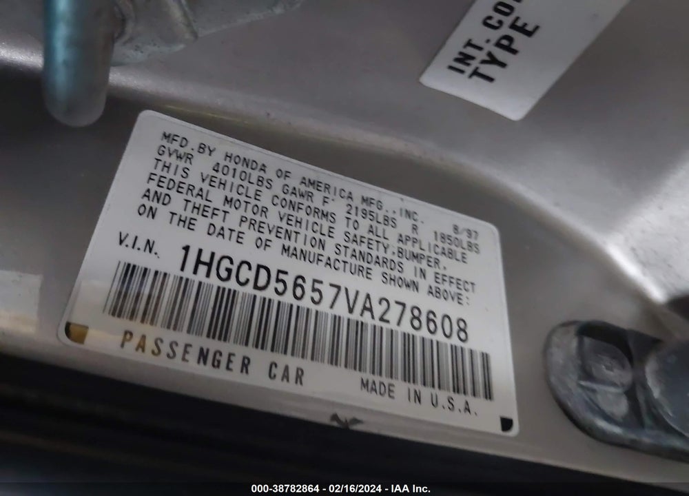 1997 HONDA ACCORD VIN: 1HGCD5657VA278608