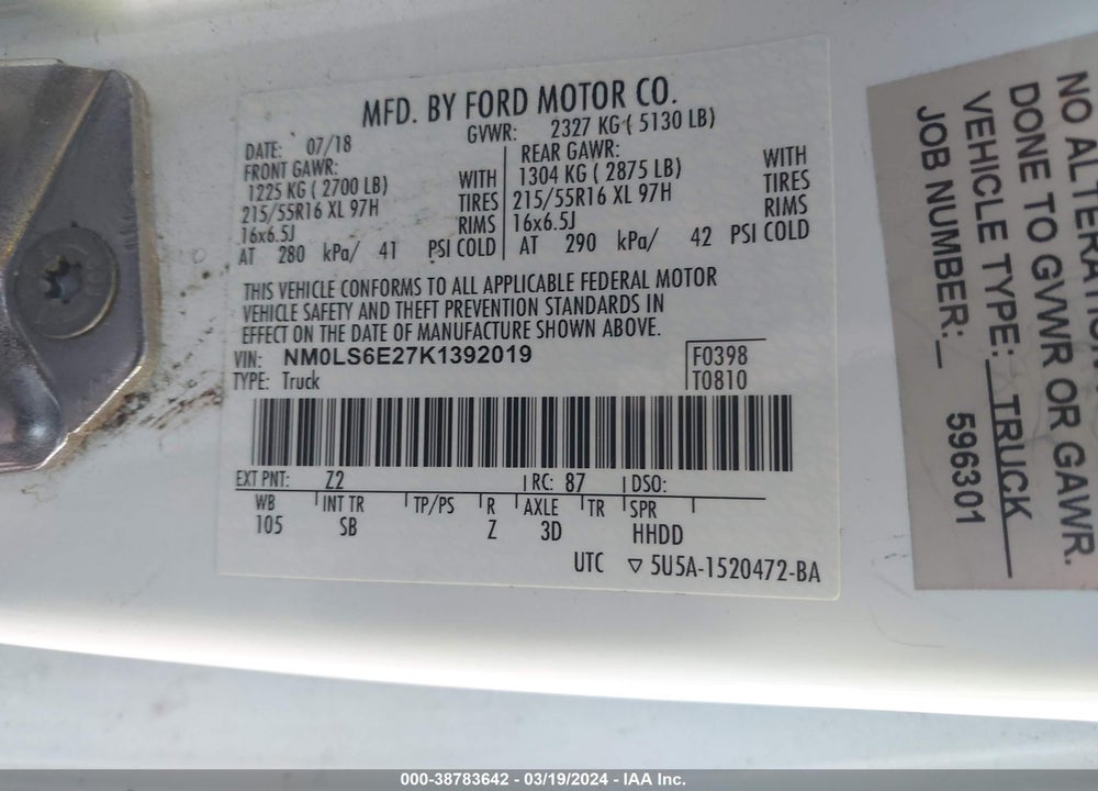2019 FORD TRANSIT CONNECT XL VIN: NM0LS6E27K1392019