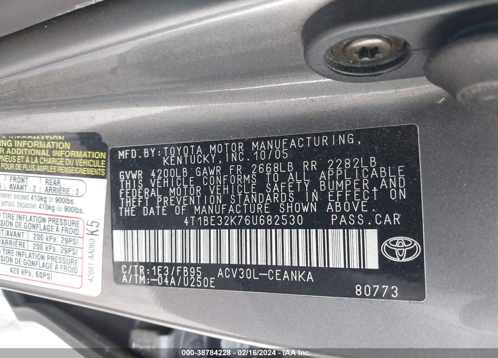 2006 TOYOTA CAMRY STD/ VIN: 4T1BE32K76U682530