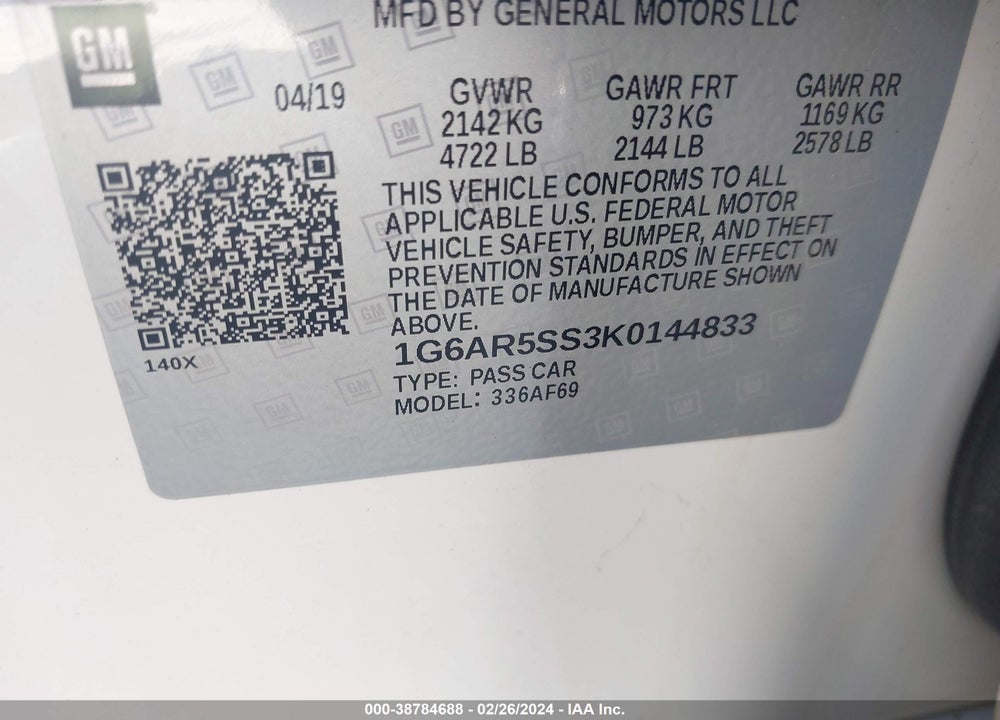 2019 CADILLAC CTS LUXURY VIN: 1G6AR5SS3K0144833