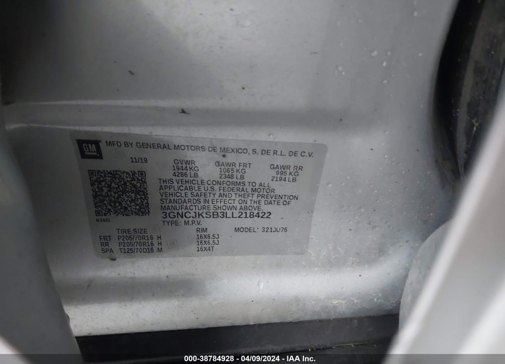 2020 CHEVROLET TRAX FWD LS VIN: 3GNCJKSB3LL218422