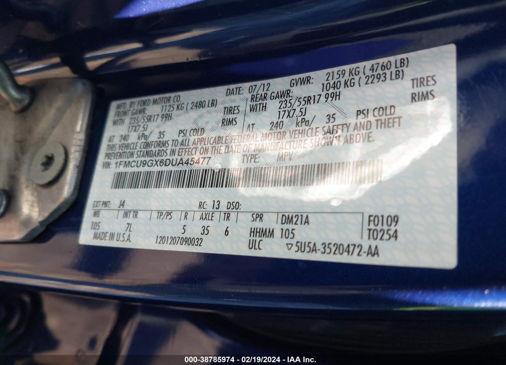 2013 FORD ESCAPE SE VIN: 1FMCU9GX6DUA45477