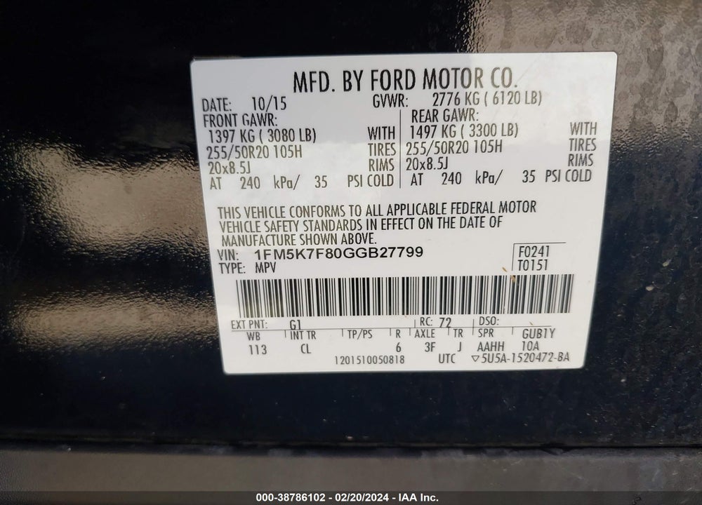 2016 FORD EXPLORER LIMITED VIN: 1FM5K7F80GGB27799