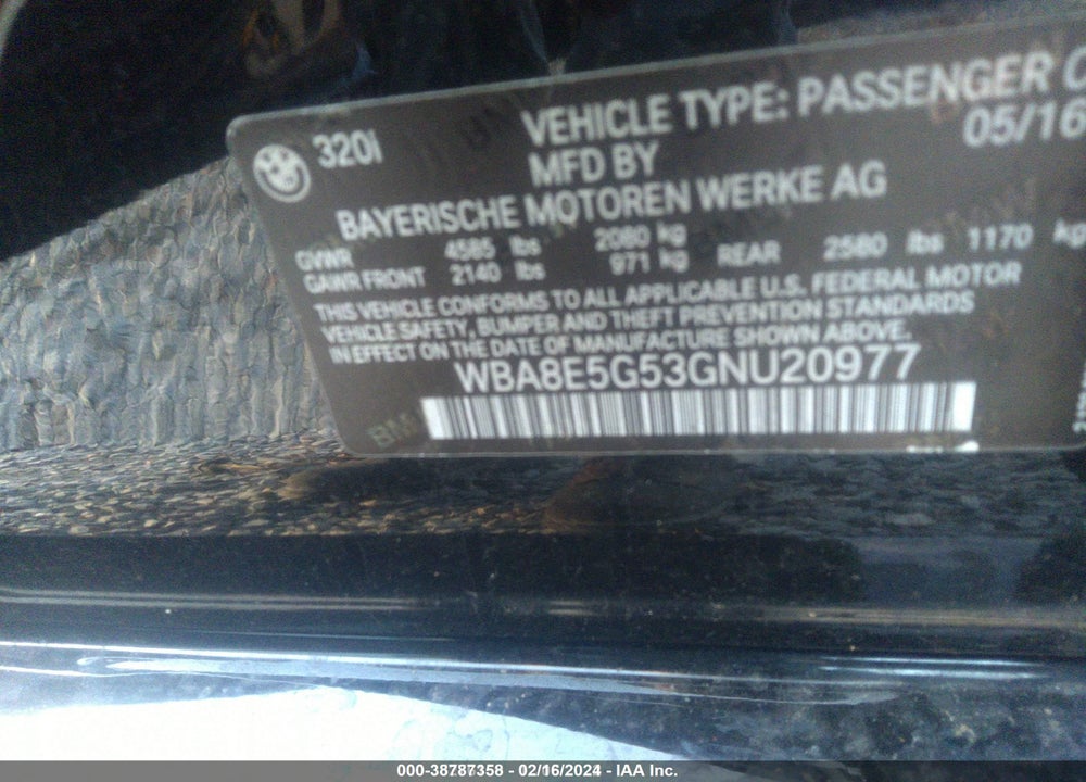 2016 BMW 320I XDRIVE VIN: WBA8E5G53GNU20977