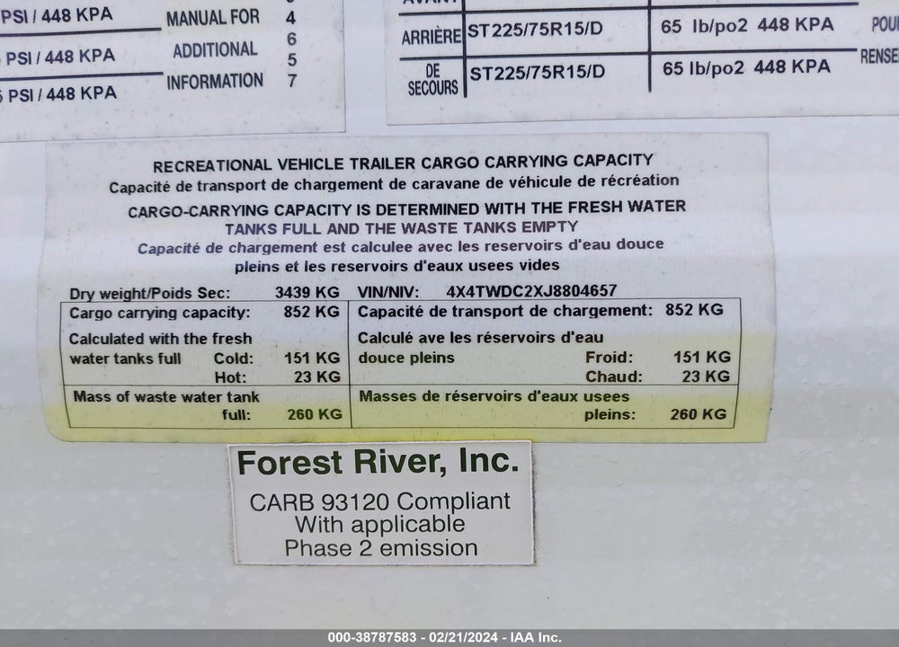 2018 FOREST RIVER WILDWOOD VIN: 4X4TWDC2XJ8804657